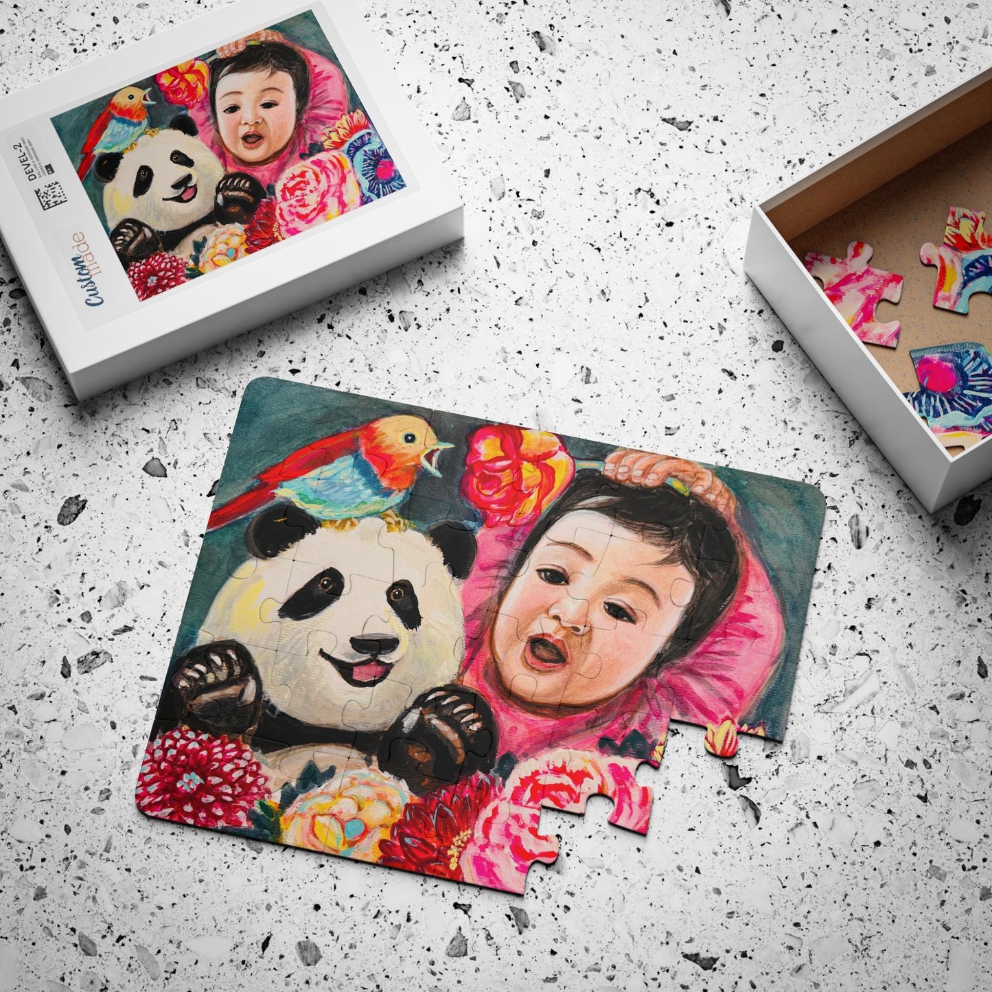 Baby and Panda Illustration Kids Puzzle, 30-Piece | Colorful Floral Art