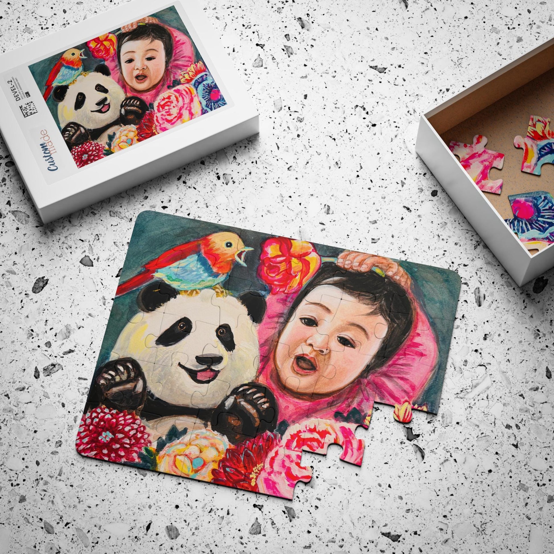 Baby and Panda Illustration Kids Puzzle, 30-Piece | Colorful Floral Art