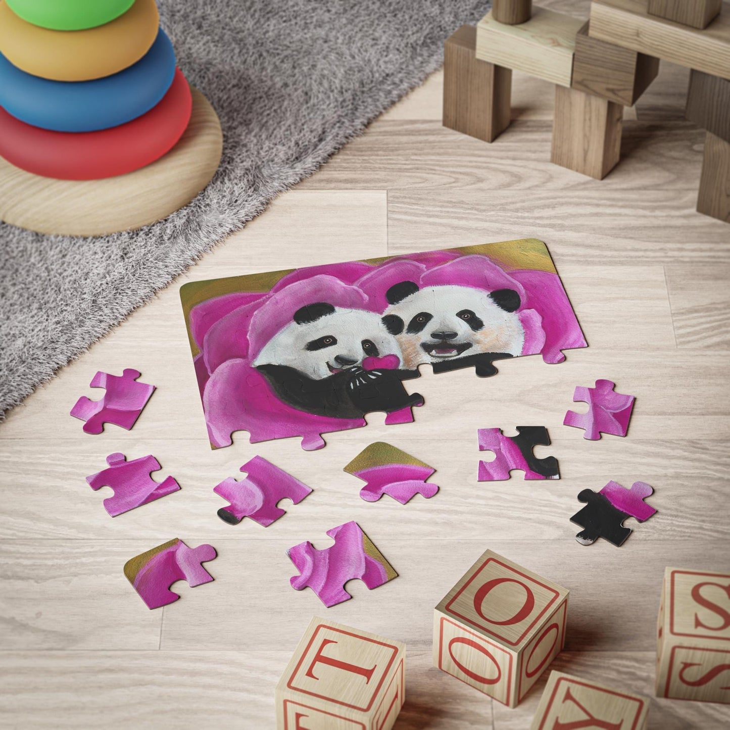 Panda Cubs in Pink Flower Puzzle | 30 piece kids puzzle | Watercolor art collectible jigsaw