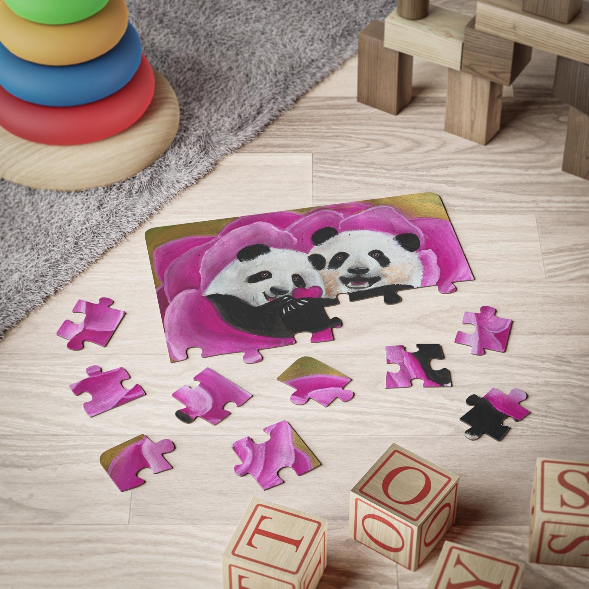 Panda Cubs in Pink Flower Puzzle | 30 piece kids puzzle | Watercolor art collectible jigsaw