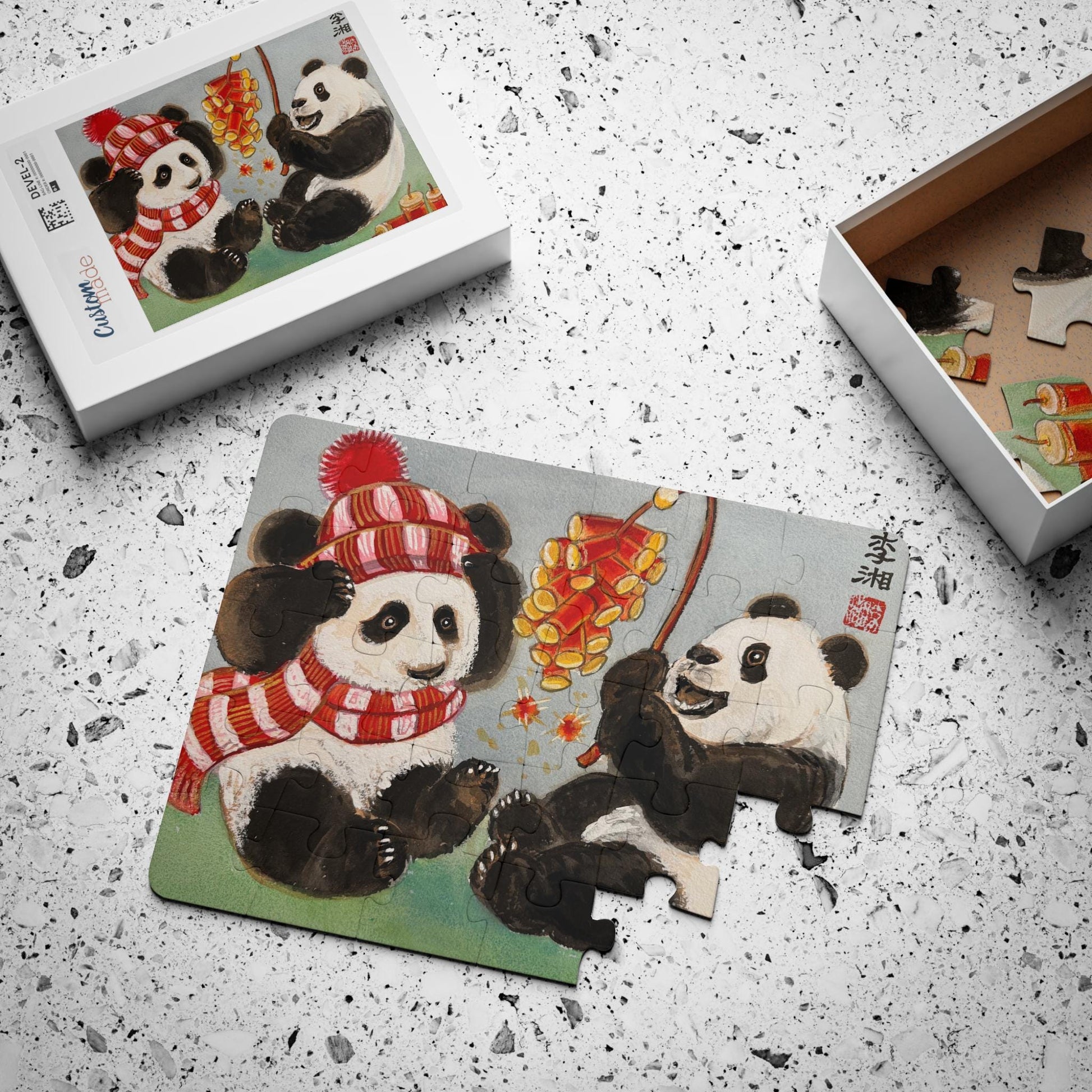 Panda Bears in Winter Gear Eating Berries, Kids' Puzzle, 30-Piece, Watercolor art collectible jigsaw puzzle