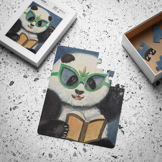 Reading Panda Bamboo Glasses Kids' Puzzle 30-Piece | Cute Scholar Panda Puzzle for Children
