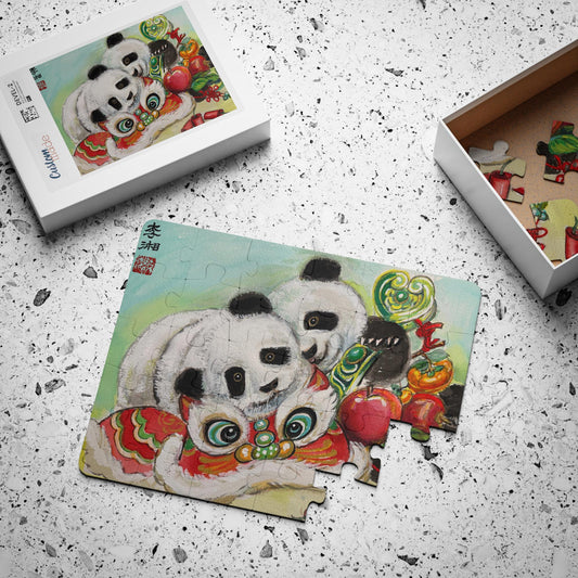 Panda Cubs with Lion Dance Mask Kids Puzzle, 30-Piece, Chinese Lunar New Year Celebration, Culture and Tradition
