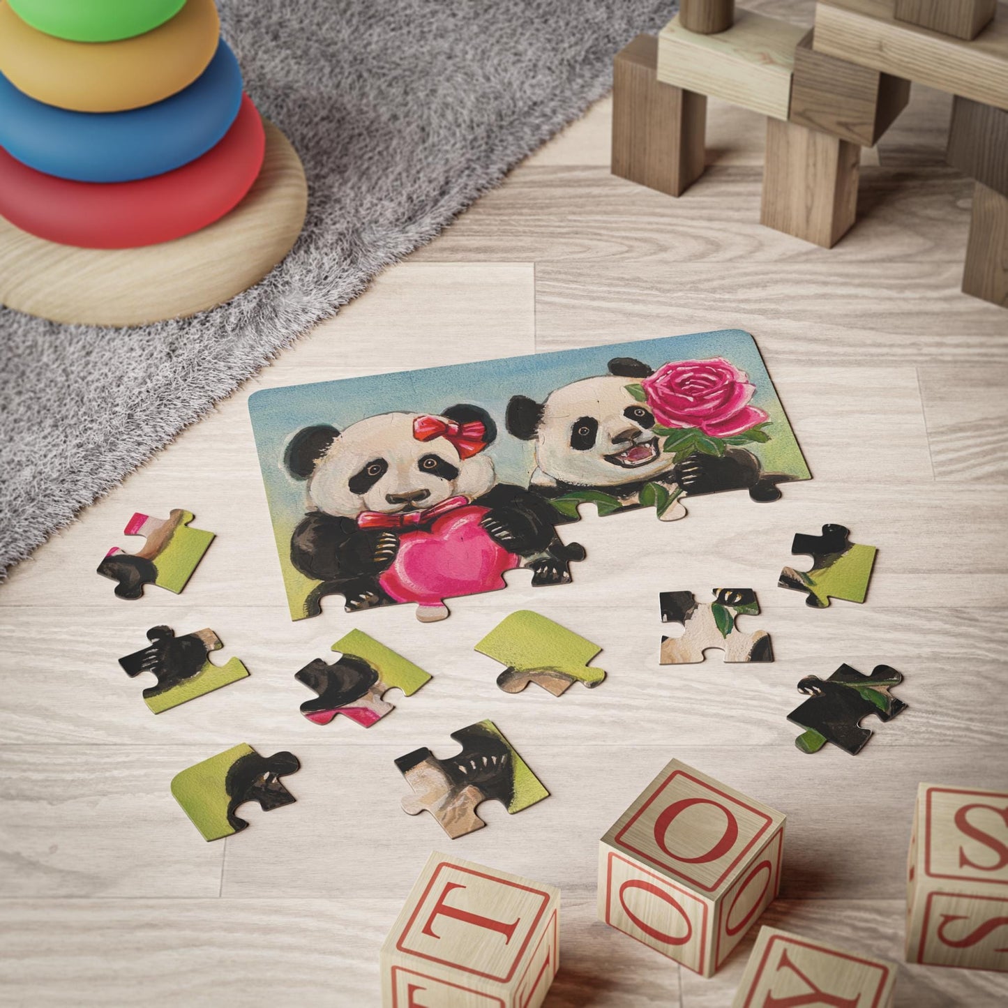 Panda Cubs holding Heart and Rose | Kids Puzzle | Loving Relationship