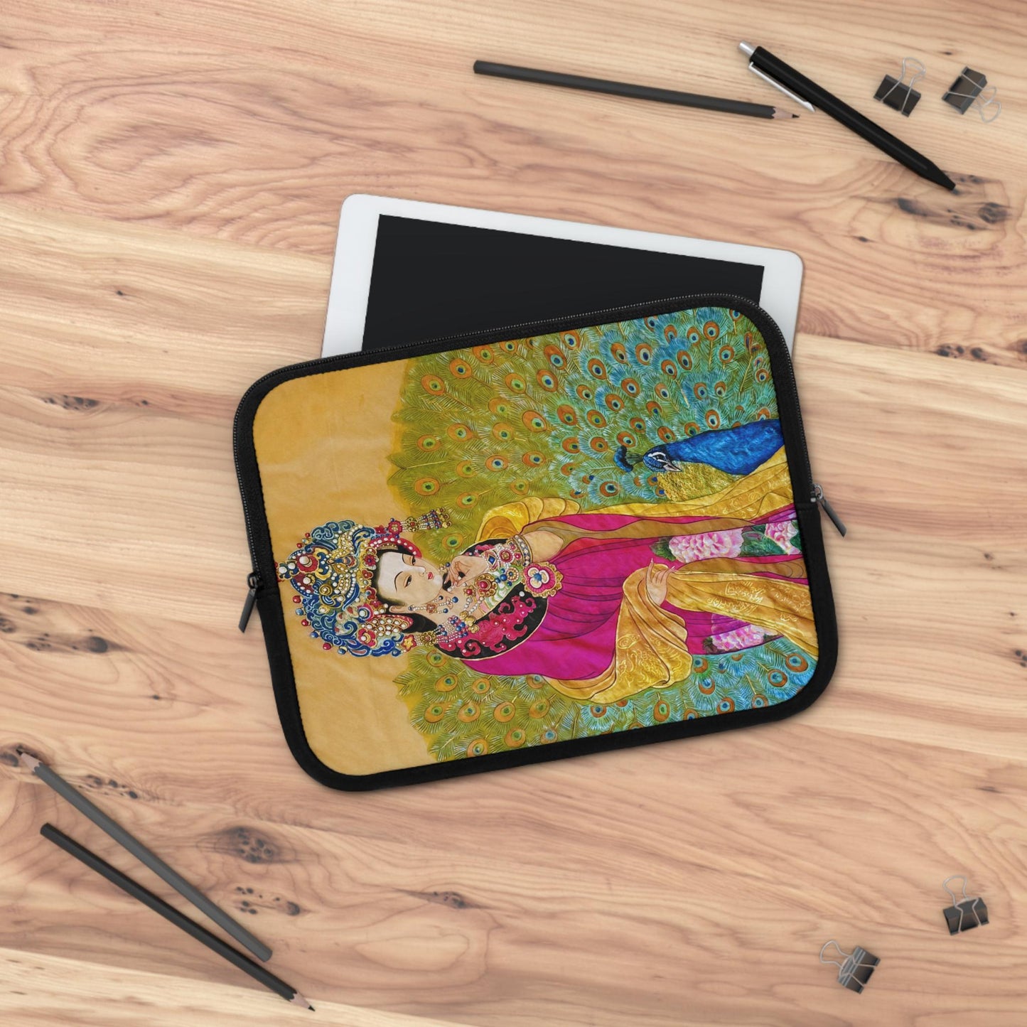 Empress watercolor art print Laptop Sleeve | Ancient Chinese Princess, Queen with colorful peacock motif