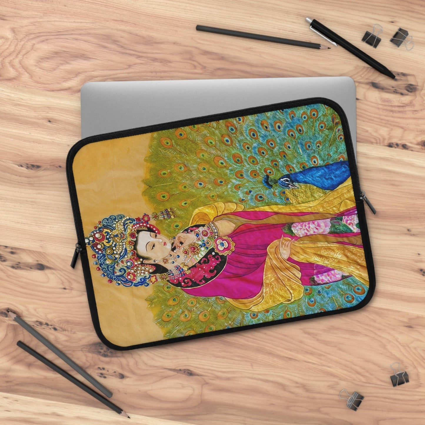 Empress watercolor art print Laptop Sleeve | Ancient Chinese Princess, Queen with colorful peacock motif