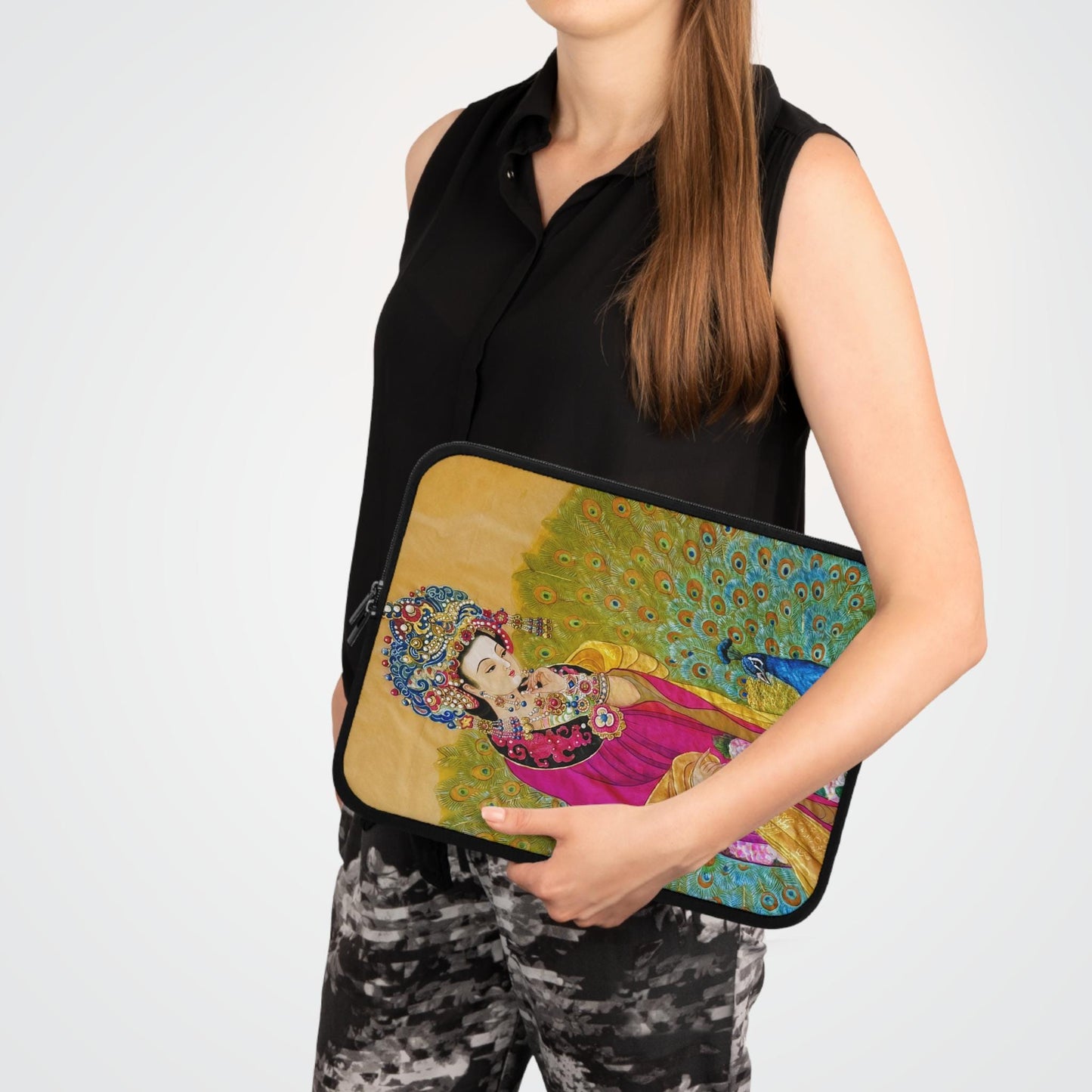 Empress watercolor art print Laptop Sleeve | Ancient Chinese Princess, Queen with colorful peacock motif
