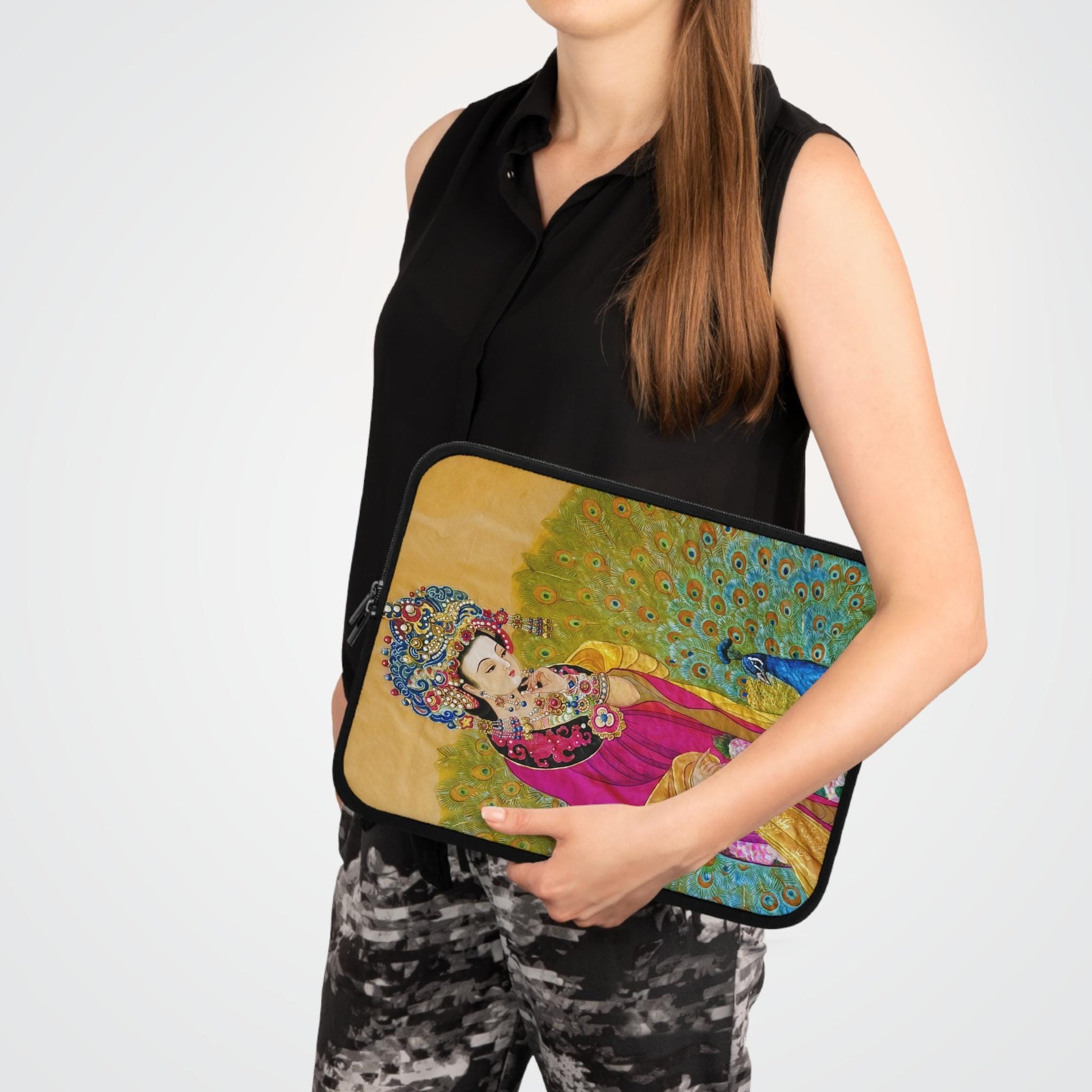 Empress watercolor art print Laptop Sleeve | Ancient Chinese Princess, Queen with colorful peacock motif