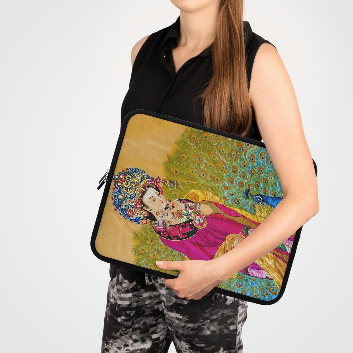 Empress watercolor art print Laptop Sleeve | Ancient Chinese Princess, Queen with colorful peacock motif