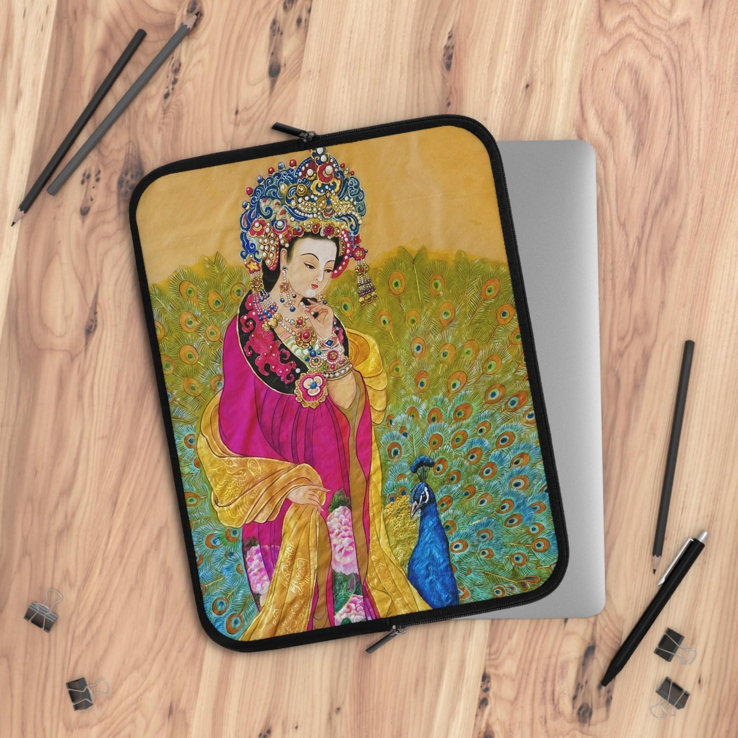 Empress watercolor art print Laptop Sleeve | Ancient Chinese Princess, Queen with colorful peacock motif