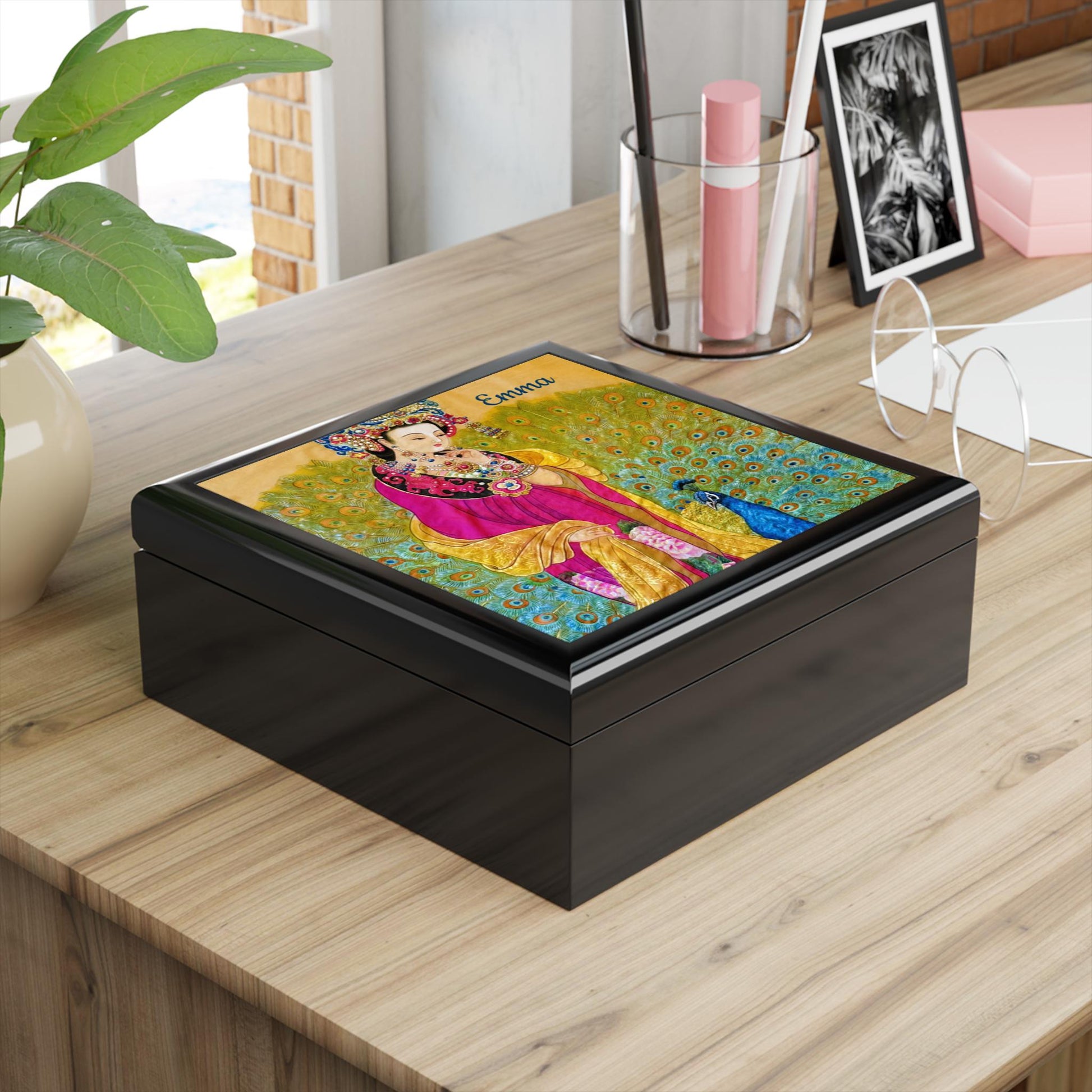 Chinese Empress with Peacock Watercolor Art Print, Wooden Jewelry Box | Personalized Option