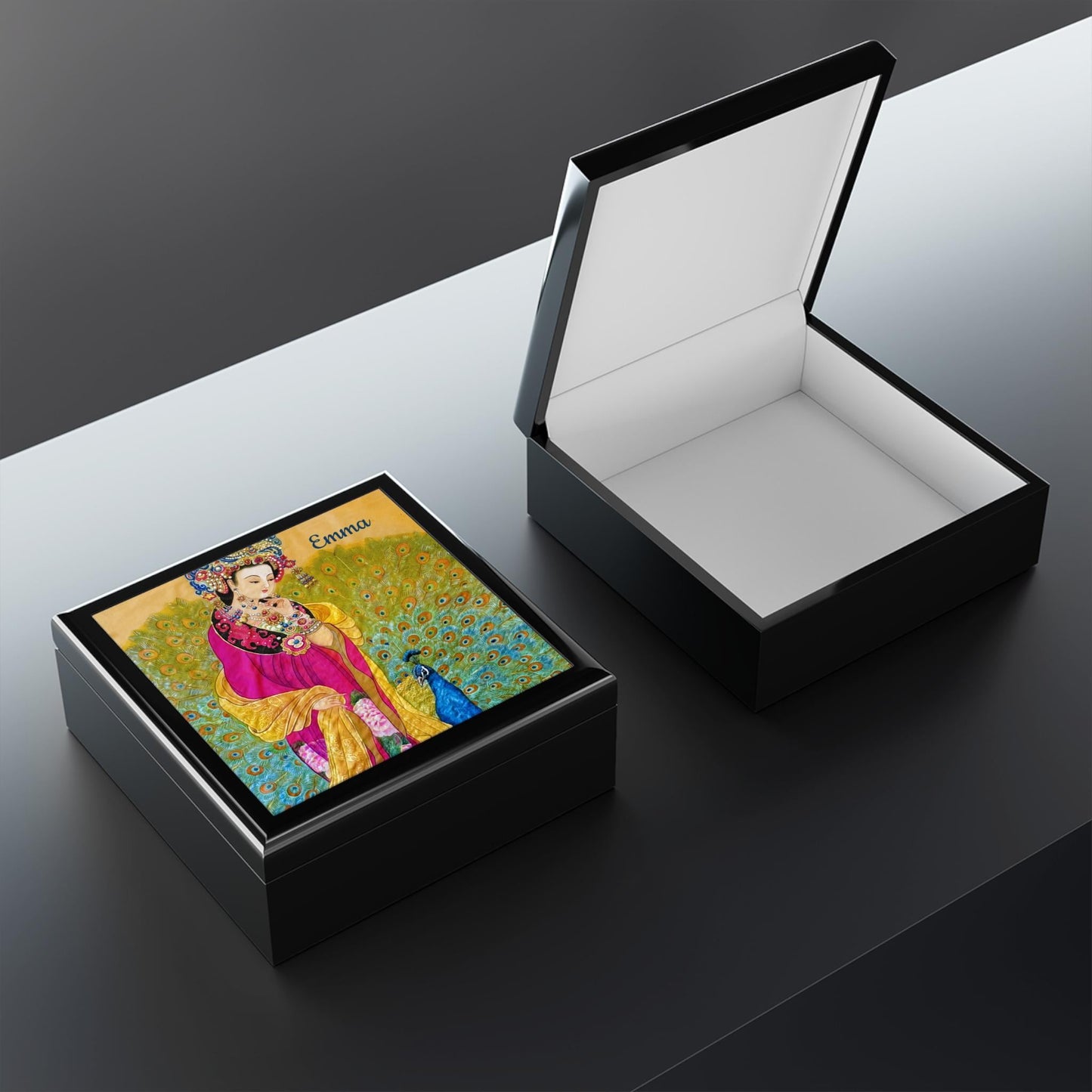 Chinese Empress with Peacock Watercolor Art Print, Wooden Jewelry Box | Personalized Option