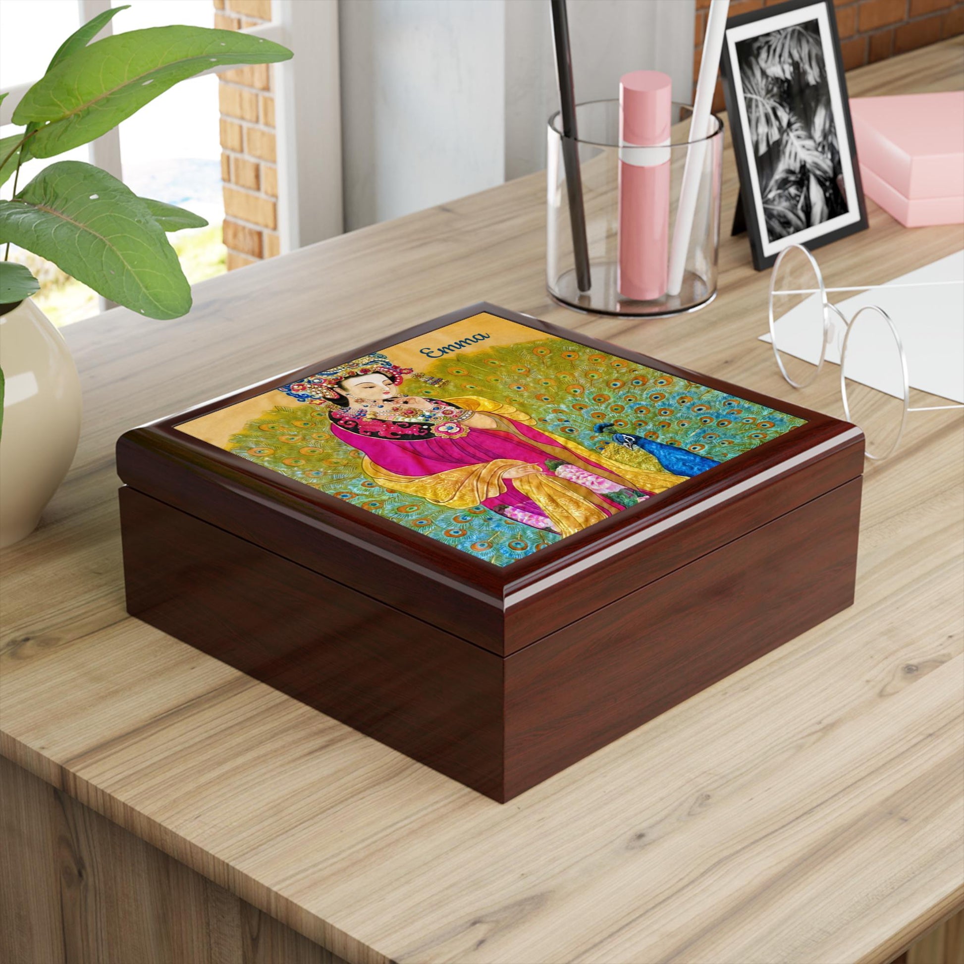 Chinese Empress with Peacock Watercolor Art Print, Wooden Jewelry Box | Personalized Option