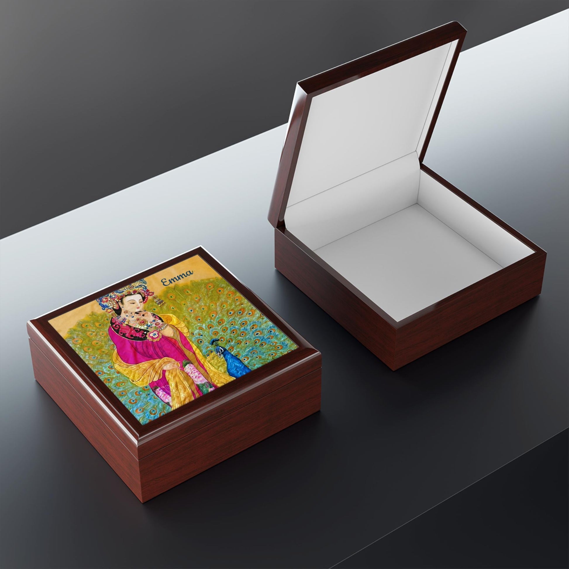 Chinese Empress with Peacock Watercolor Art Print, Wooden Jewelry Box | Personalized Option