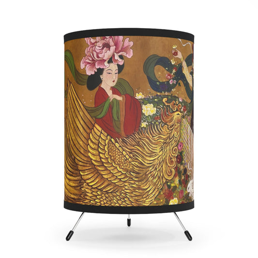 Golden Phoenix and Lady Tripod Lamp | Printed Shade