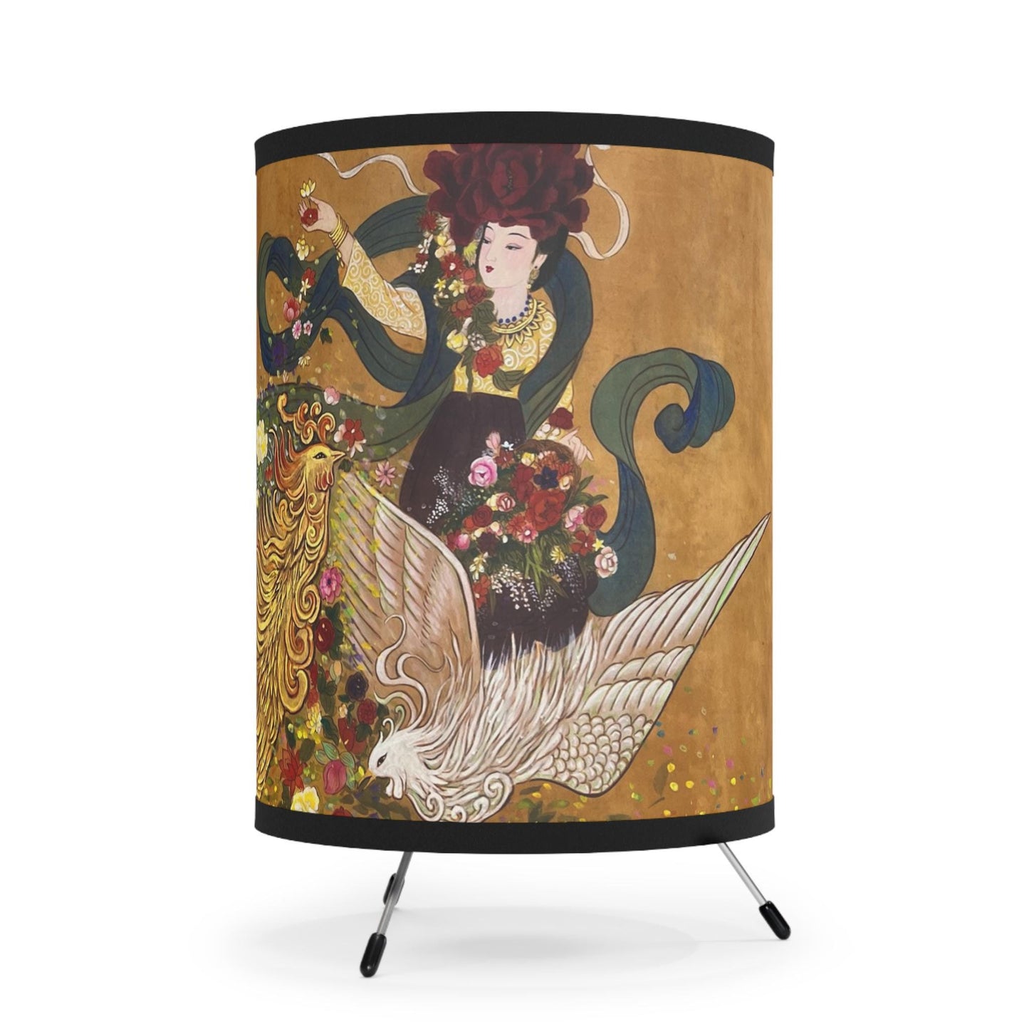 Golden Phoenix and Lady Tripod Lamp | Printed Shade