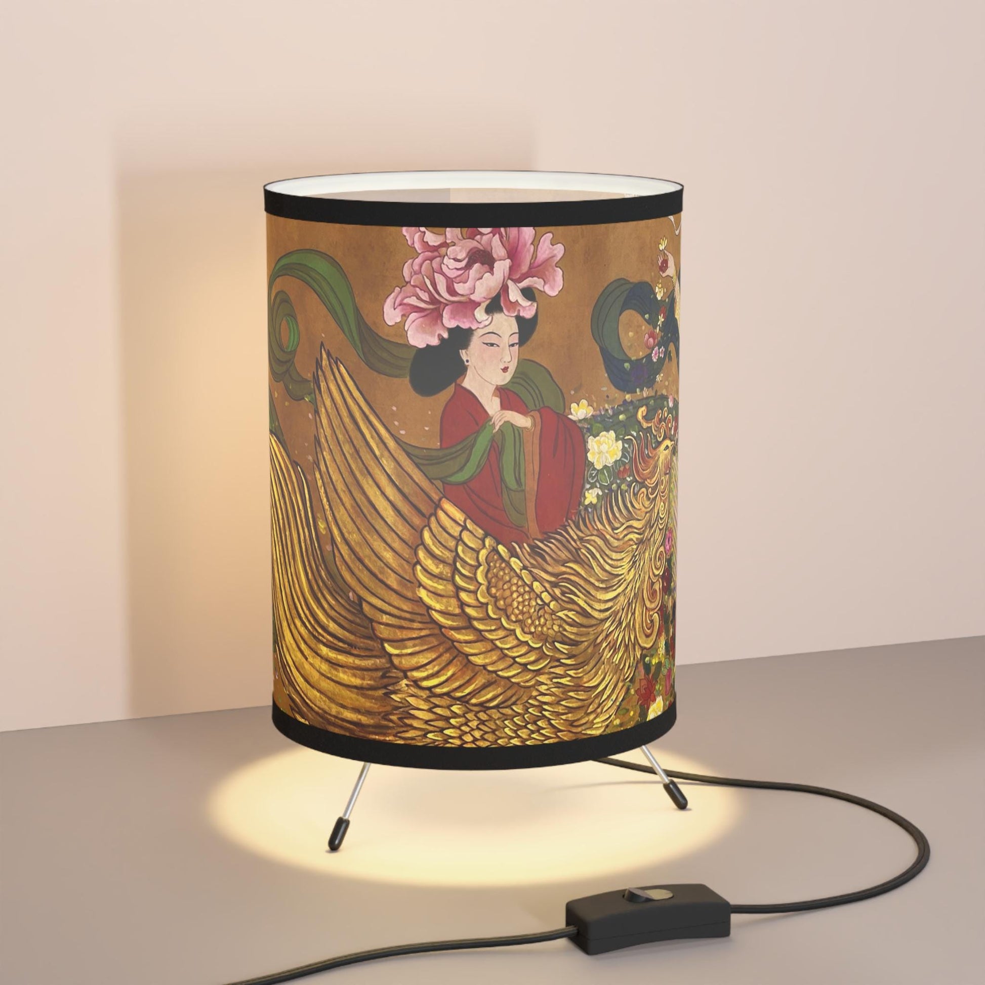 Golden Phoenix and Lady Tripod Lamp | Printed Shade