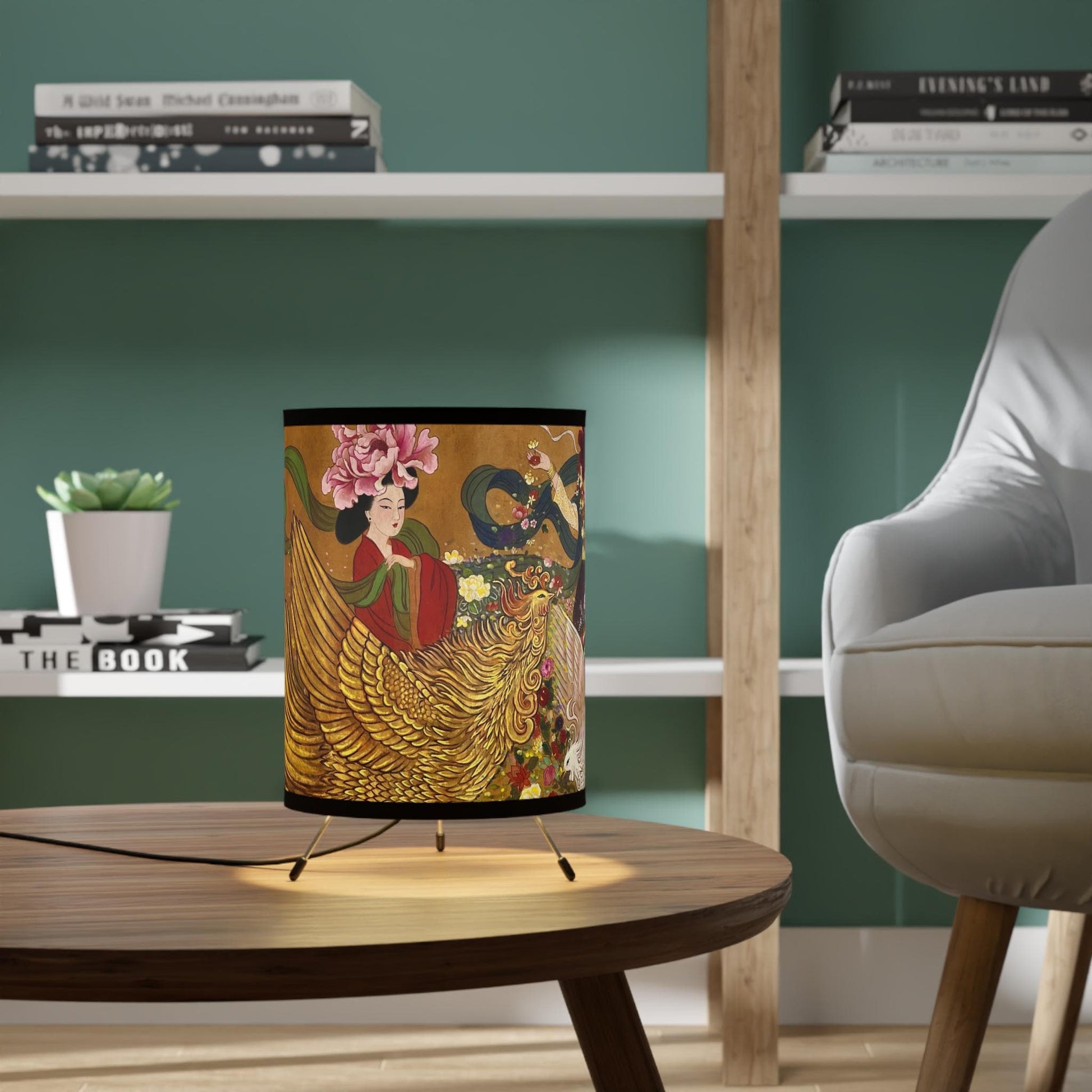Golden Phoenix and Lady Tripod Lamp | Printed Shade
