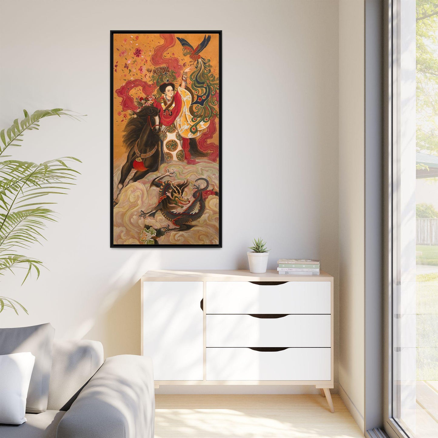 Mythical Warrior Horse Riding Dragon Matte Canvas Framed | Asian Fantasy Wall Art | Chinese Empresses