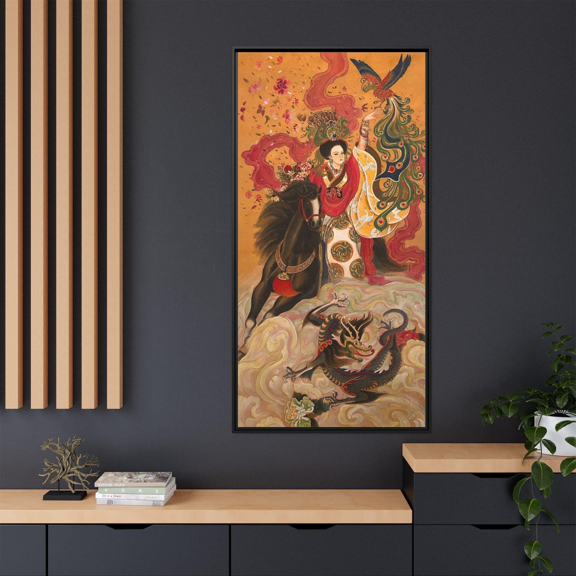 Mythical Warrior Horse Riding Dragon Matte Canvas Framed | Asian Fantasy Wall Art | Chinese Empresses