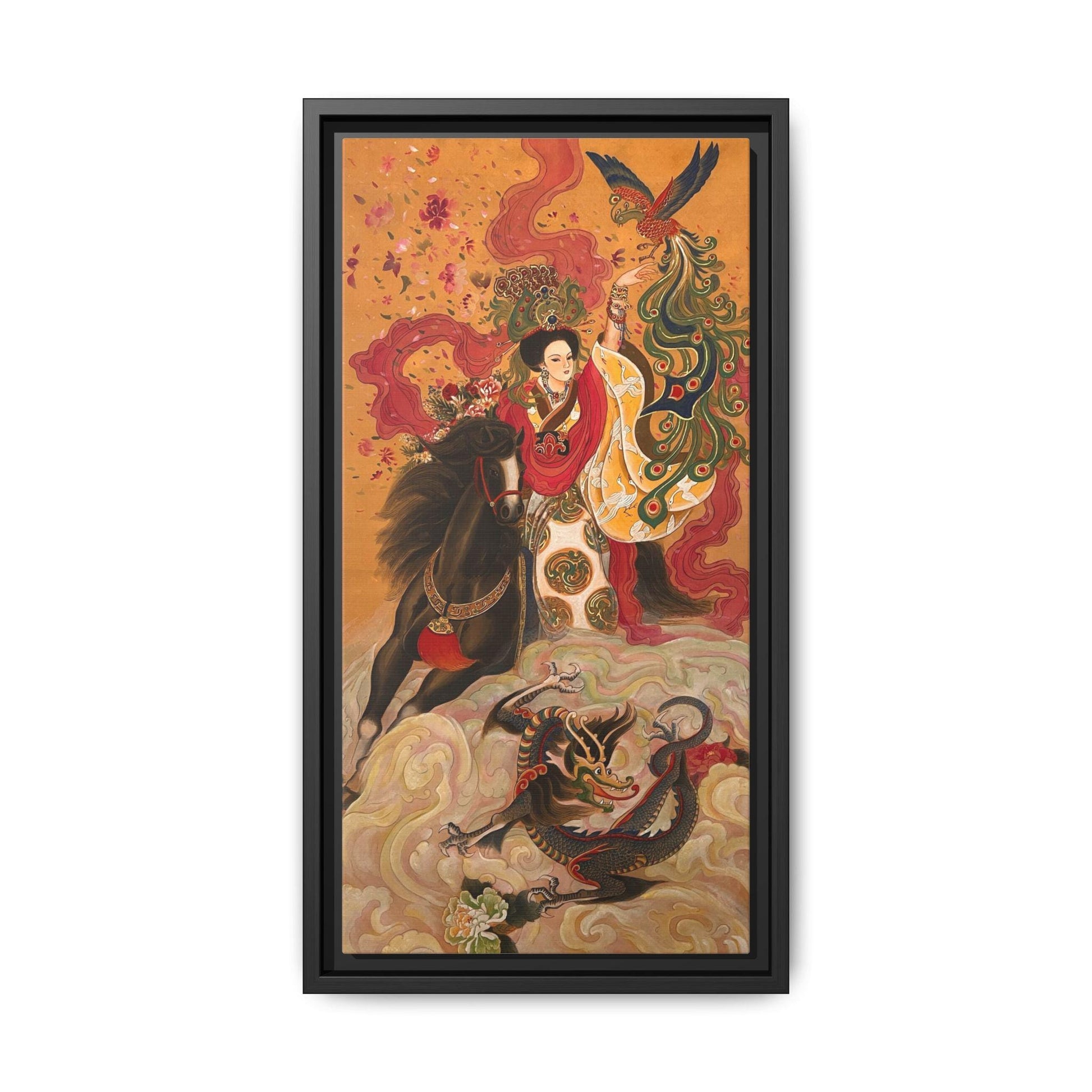 Mythical Warrior Horse Riding Dragon Matte Canvas Framed | Asian Fantasy Wall Art | Chinese Empresses