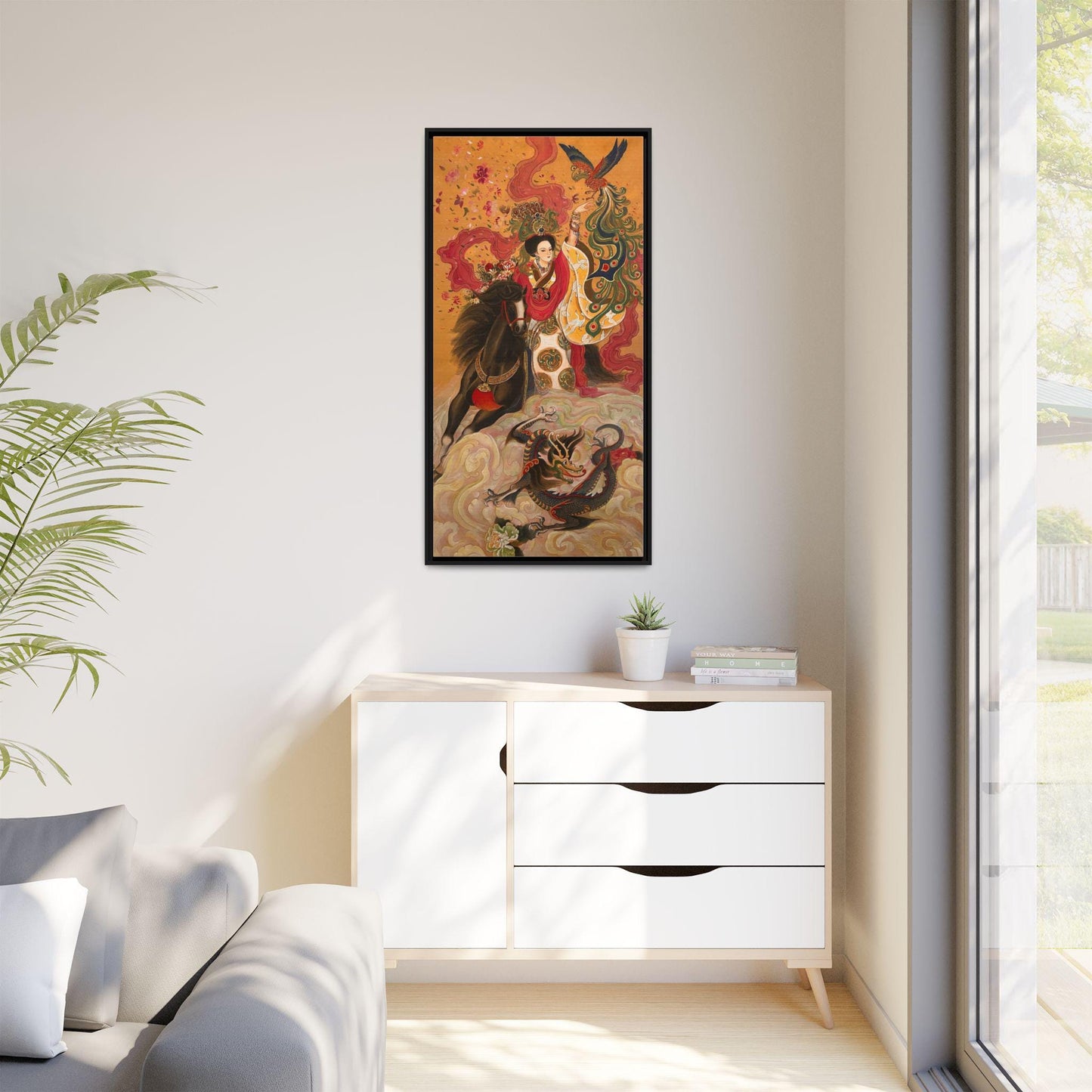 Mythical Warrior Horse Riding Dragon Matte Canvas Framed | Asian Fantasy Wall Art | Chinese Empresses