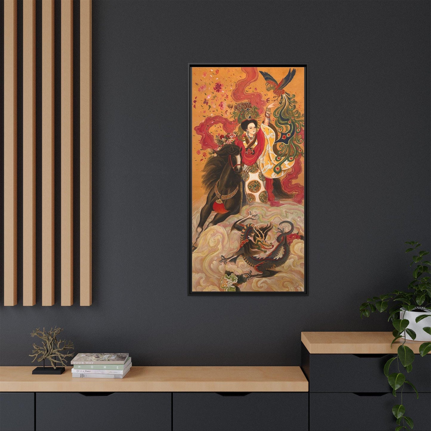 Mythical Warrior Horse Riding Dragon Matte Canvas Framed | Asian Fantasy Wall Art | Chinese Empresses