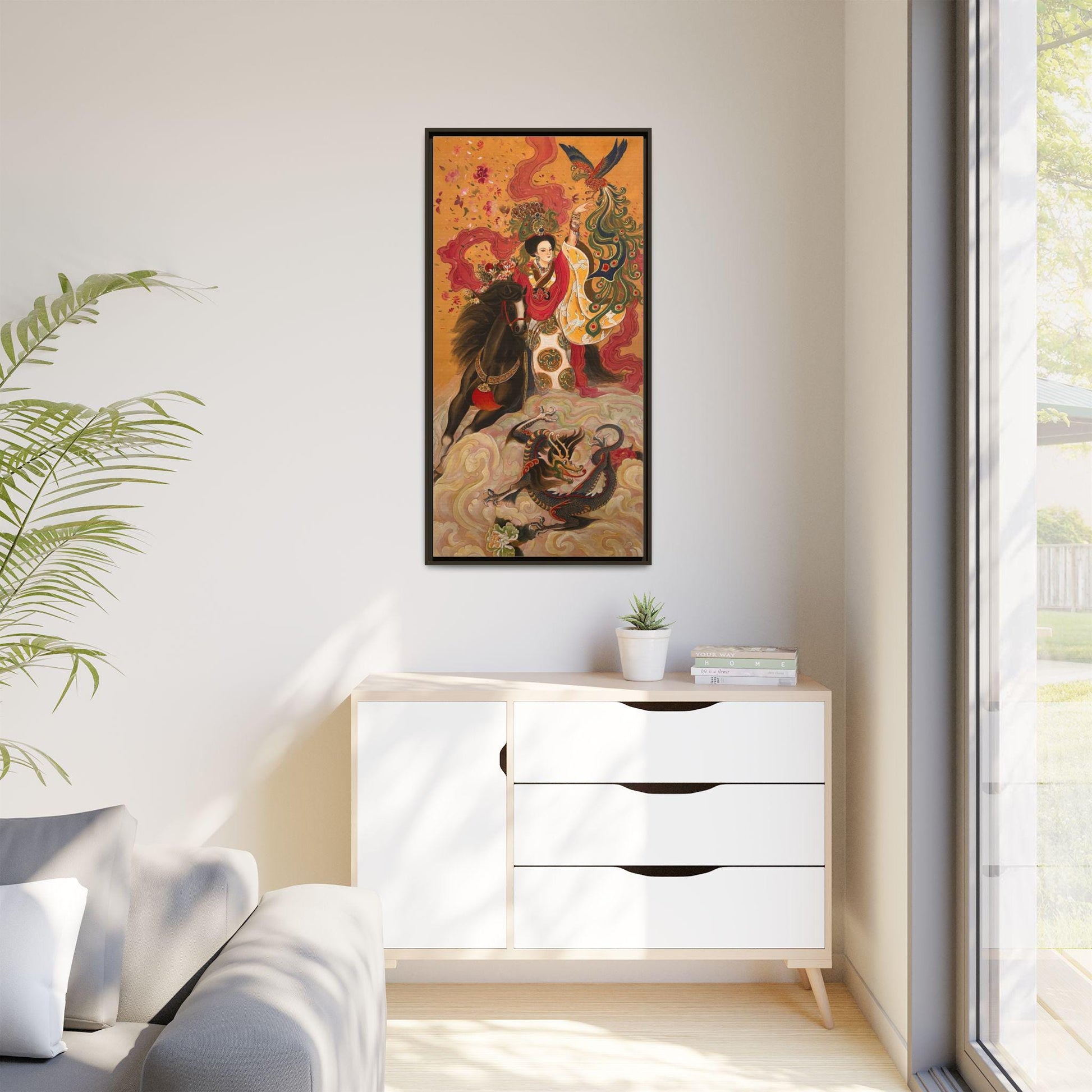Mythical Warrior Horse Riding Dragon Matte Canvas Framed | Asian Fantasy Wall Art | Chinese Empresses
