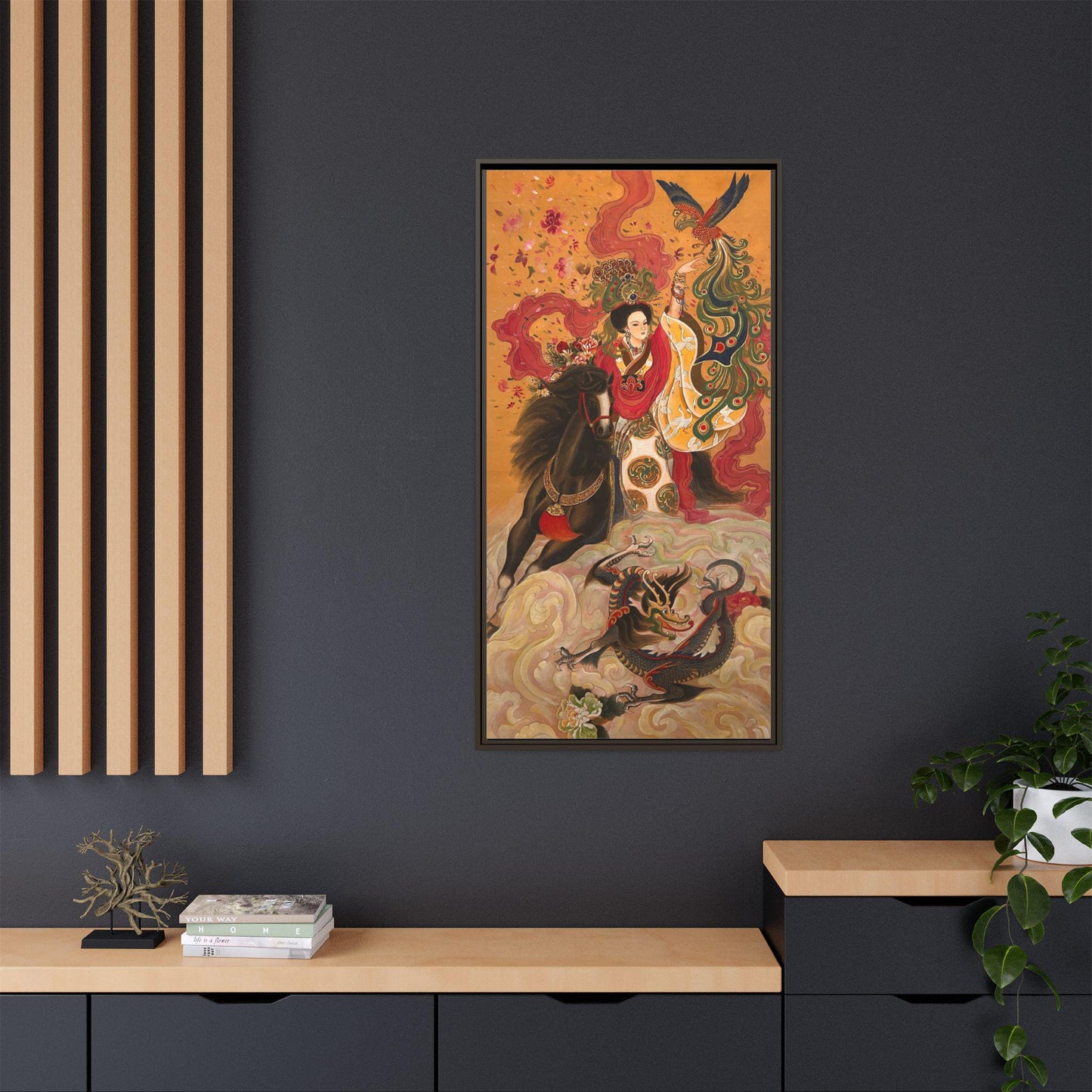 Mythical Warrior Horse Riding Dragon Matte Canvas Framed | Asian Fantasy Wall Art | Chinese Empresses