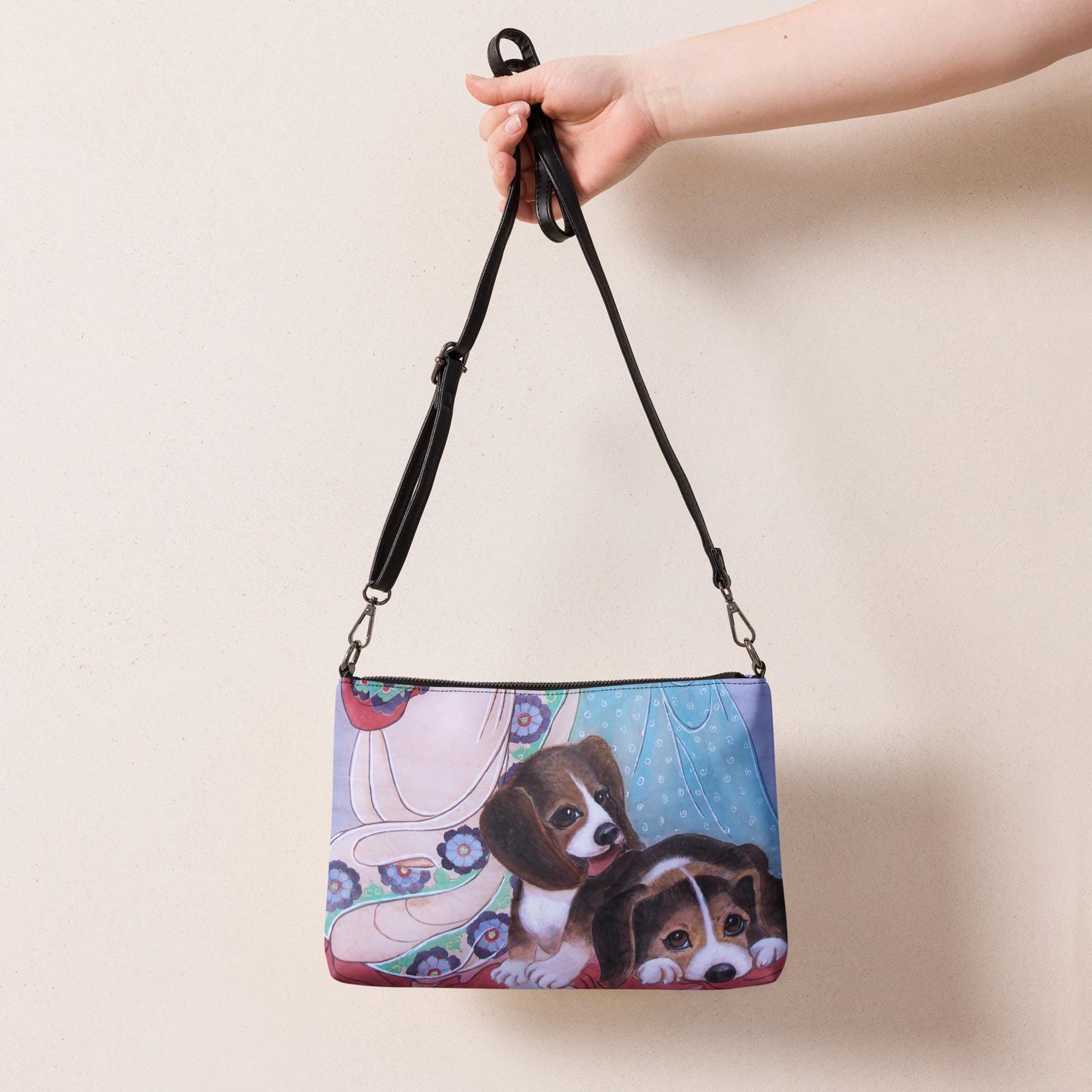 Crossbody bag- Watercolor art print - Beagle Puppies - Pet art