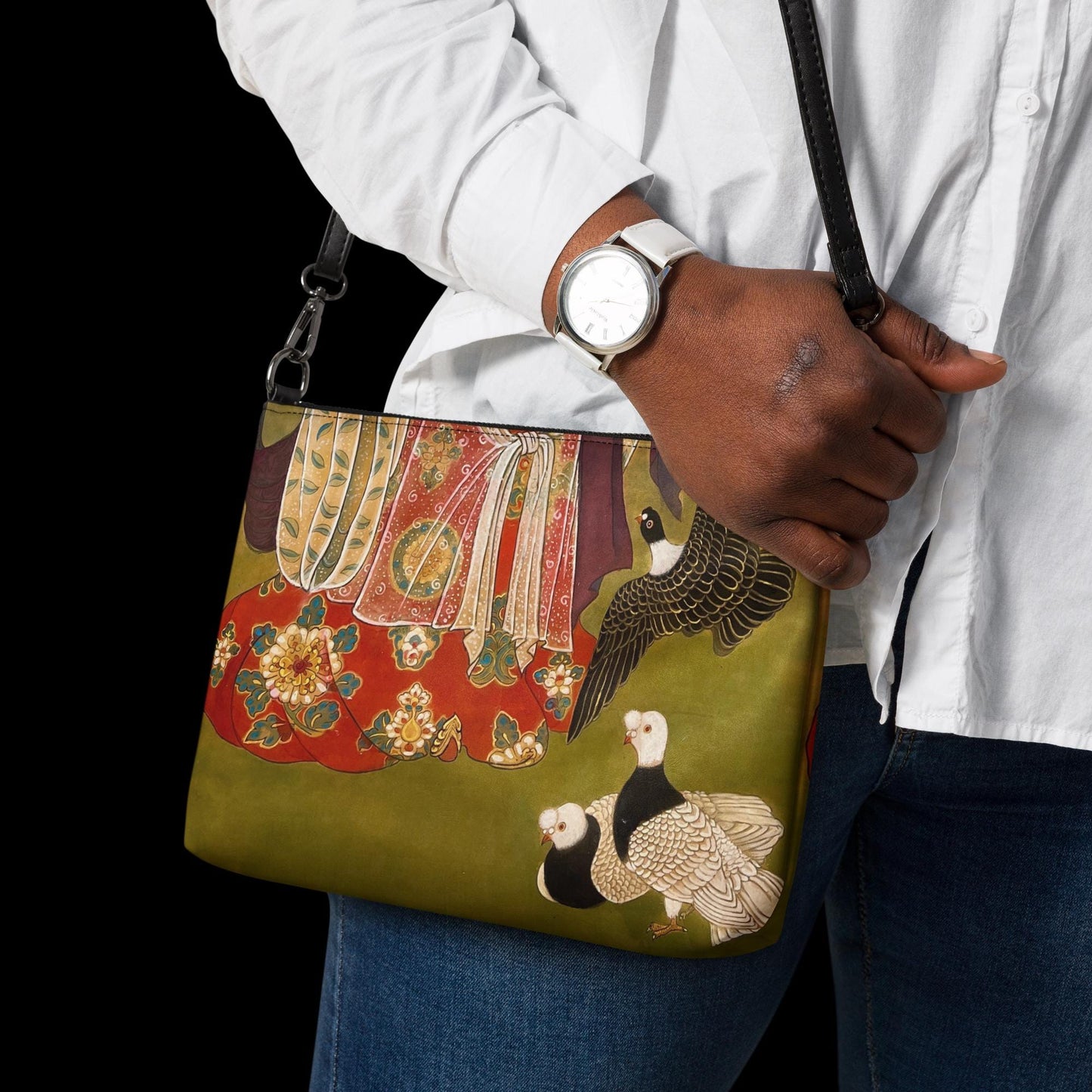 Crossbody bag - Auspicious Birds & Floral Court Motif - Watercolor Art by Xiang Li