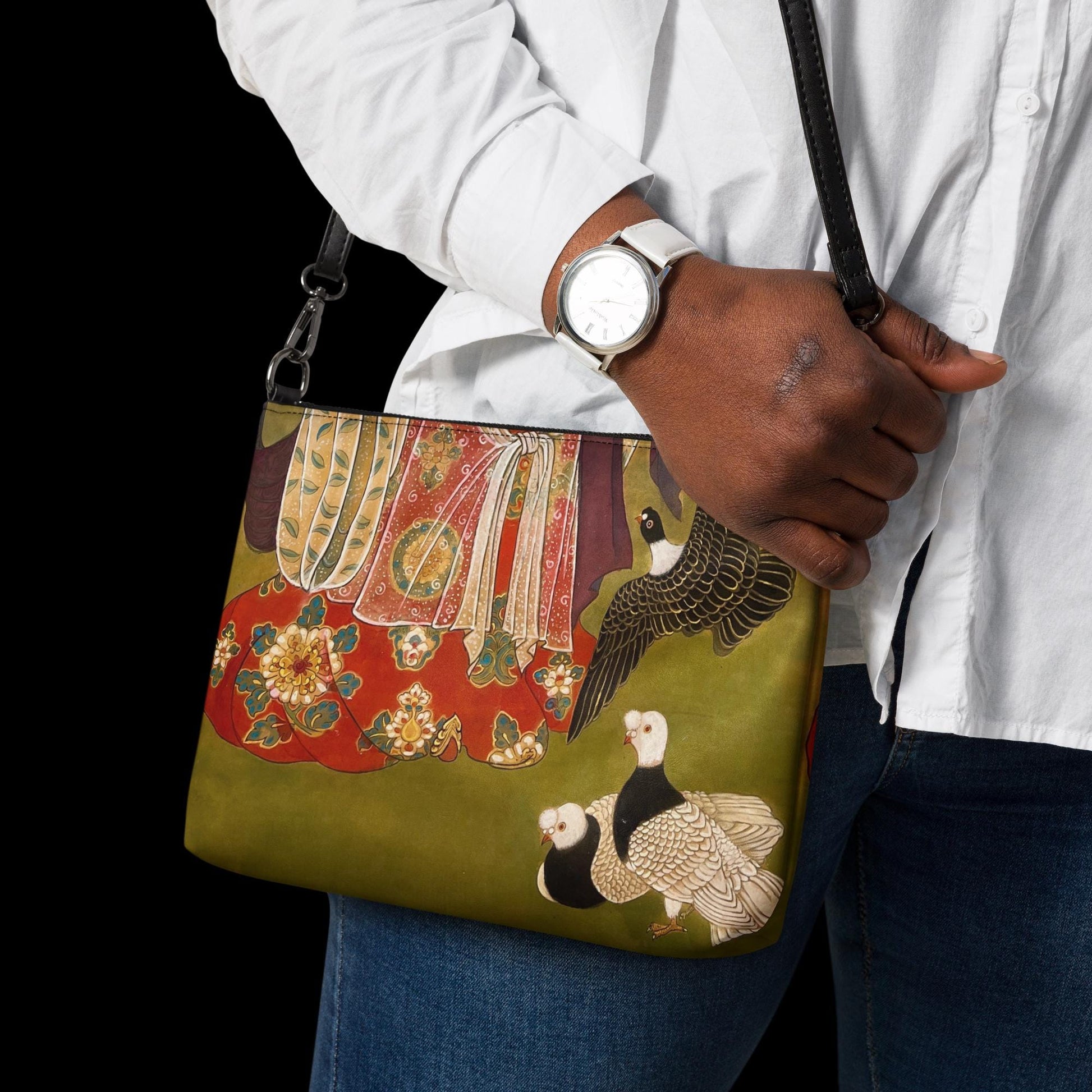 Crossbody bag - Auspicious Birds & Floral Court Motif - Watercolor Art by Xiang Li