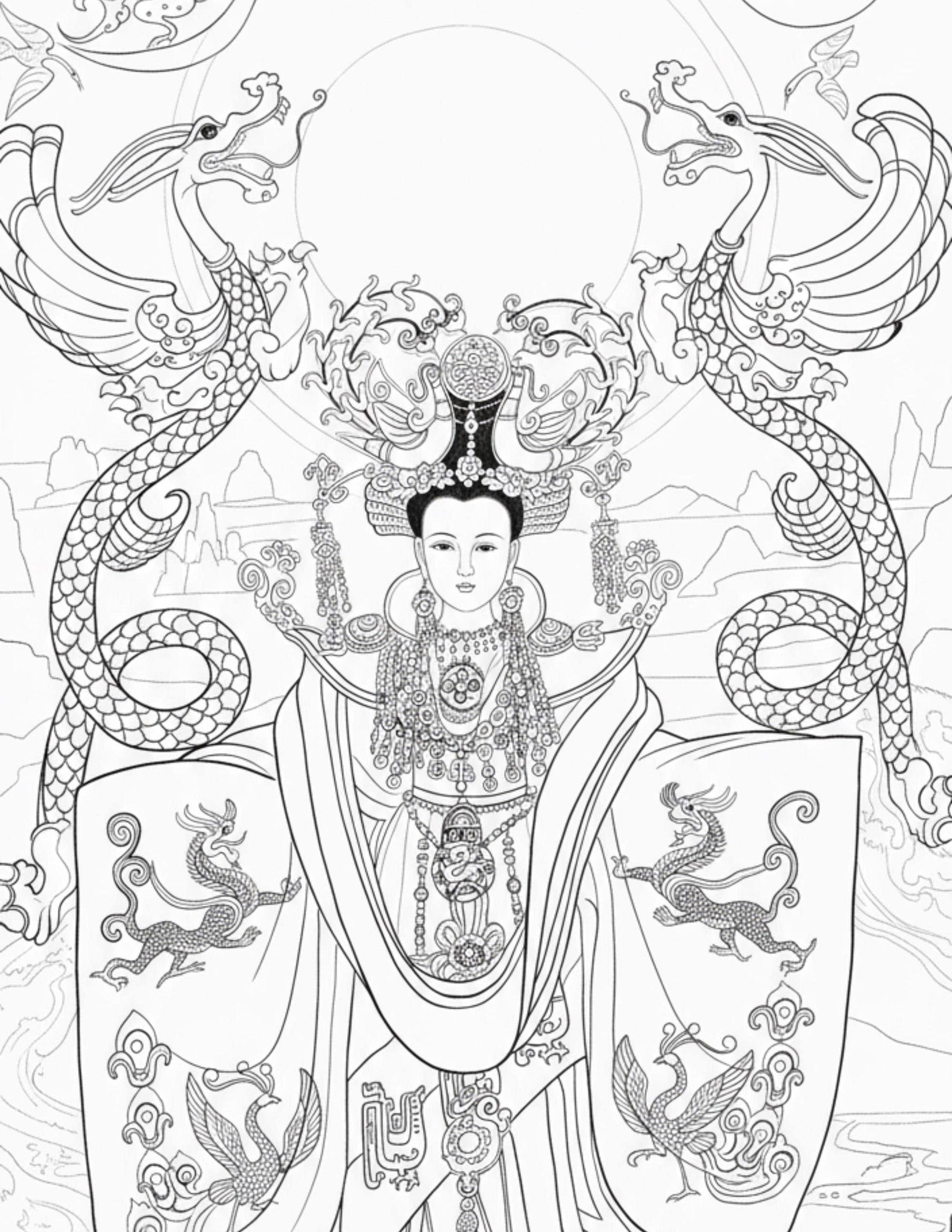 Chinese Empresses Coloring Book Original Design by Xiang Li Watercolor on Silk