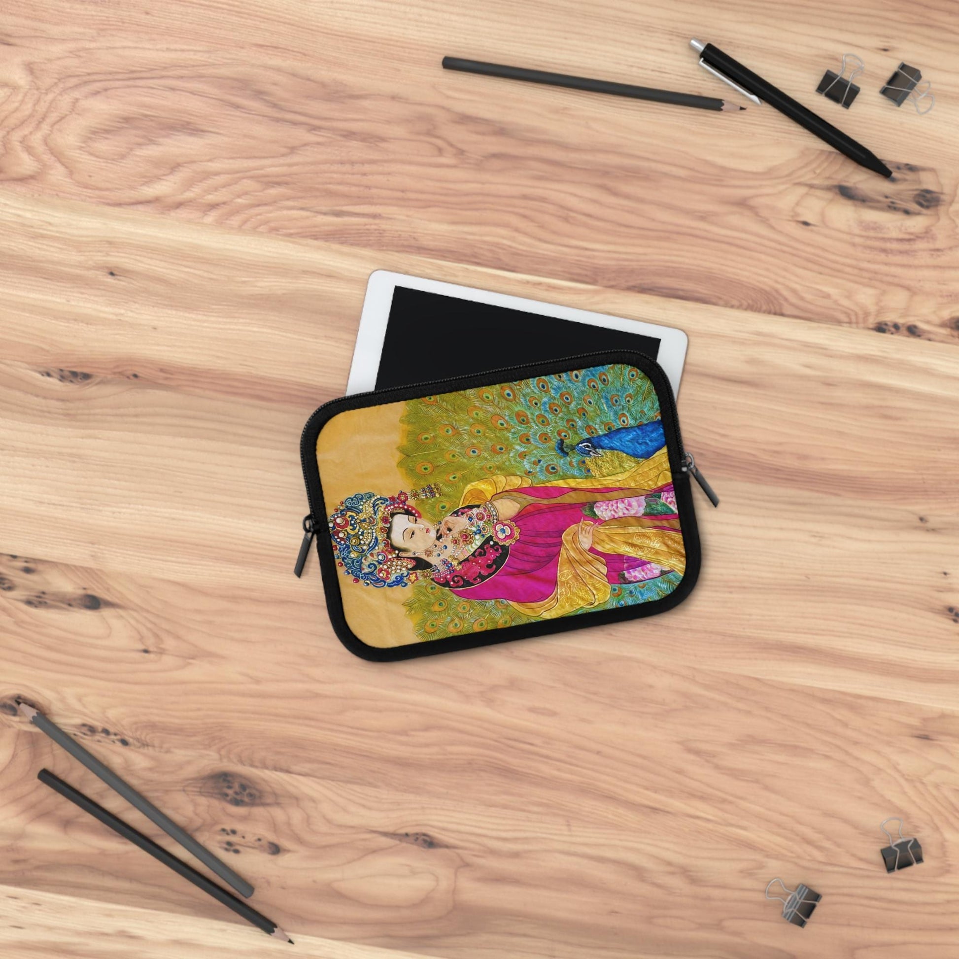 Empress watercolor art print Laptop Sleeve | Ancient Chinese Princess, Queen with colorful peacock motif