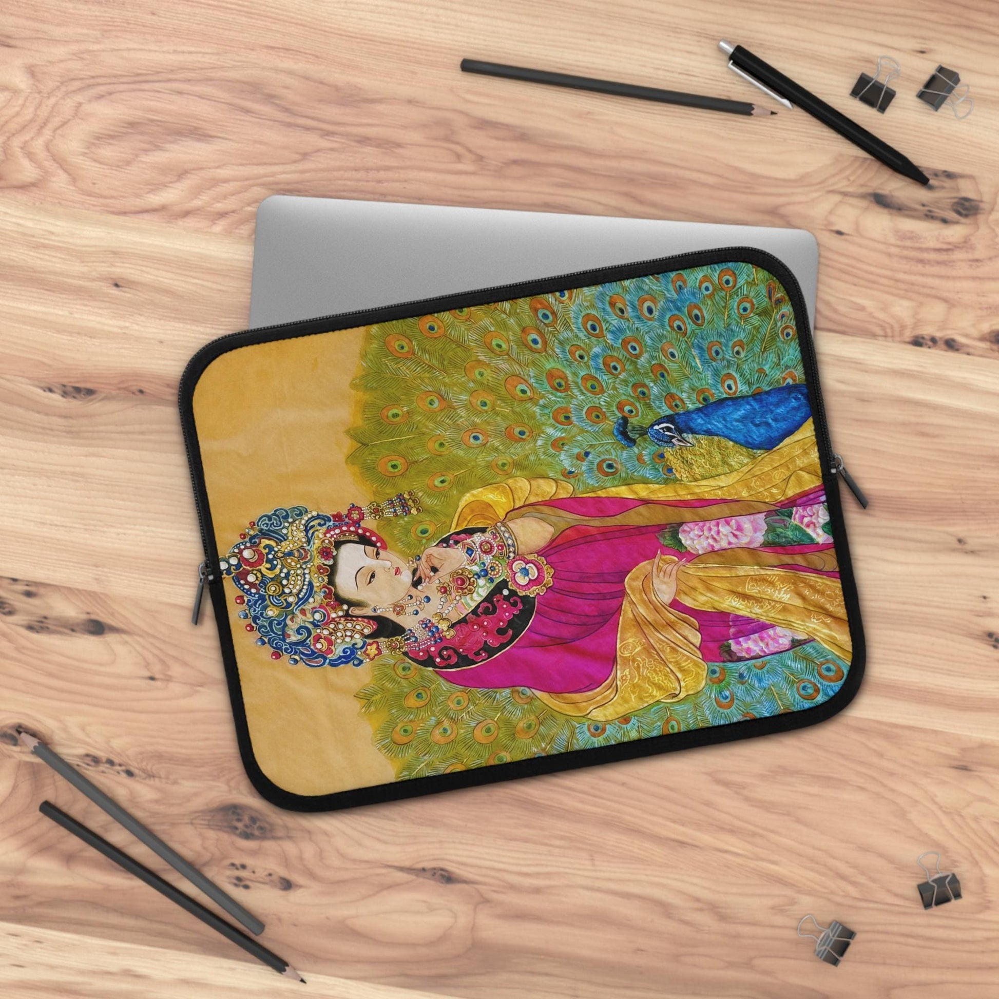 Empress watercolor art print Laptop Sleeve | Ancient Chinese Princess, Queen with colorful peacock motif