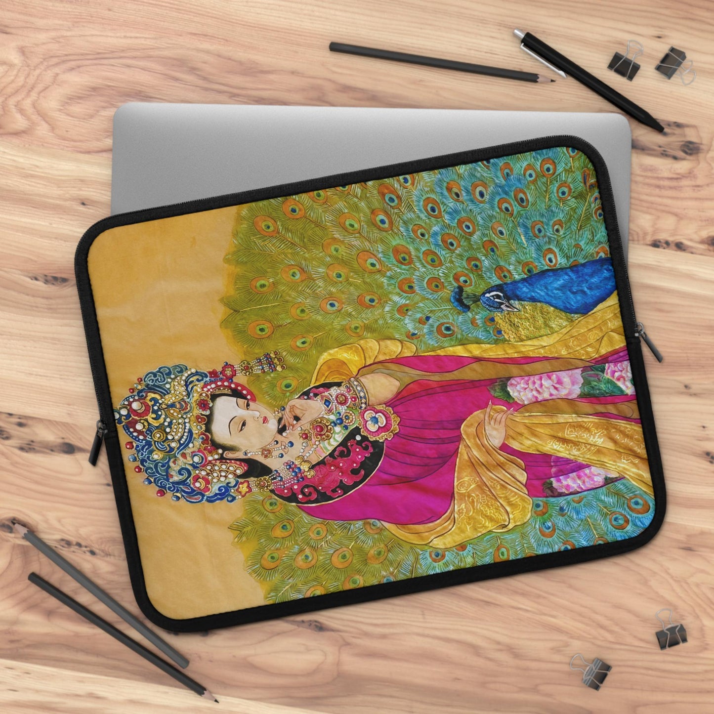 Empress watercolor art print Laptop Sleeve | Ancient Chinese Princess, Queen with colorful peacock motif