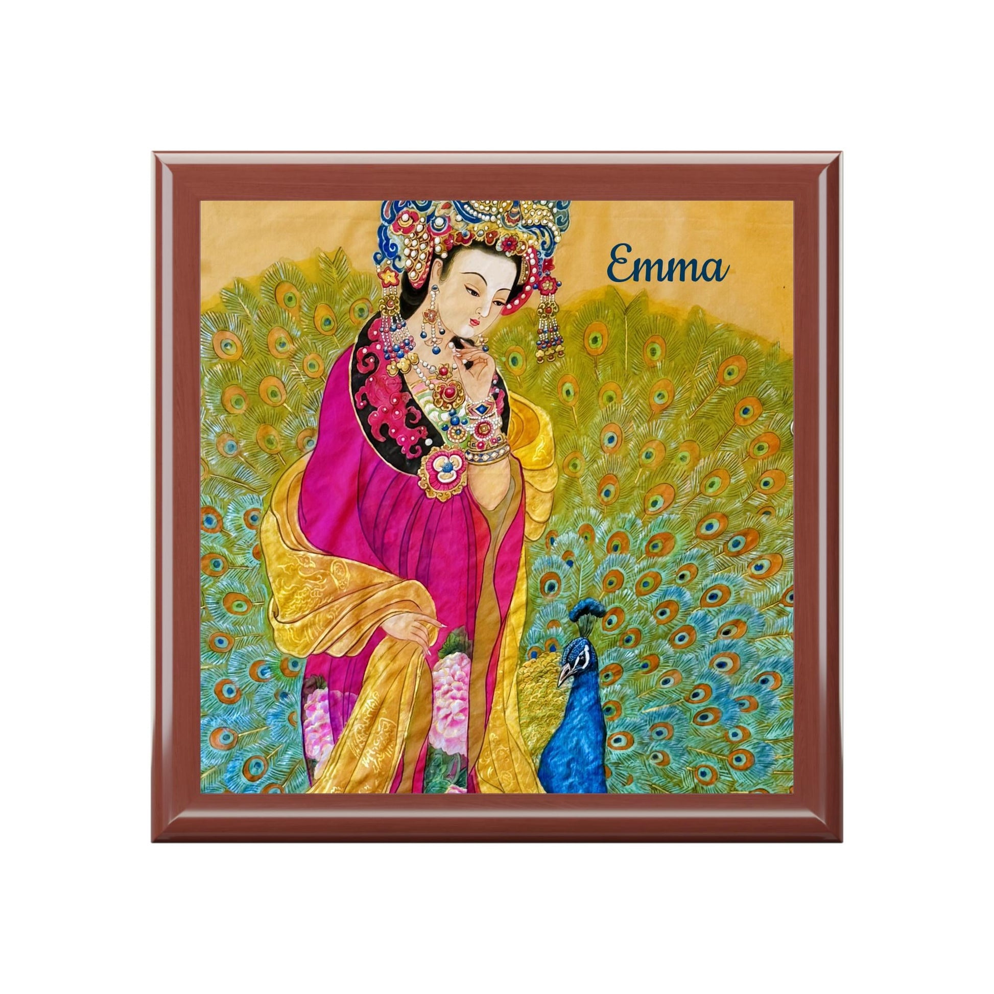 Chinese Empress with Peacock Watercolor Art Print, Wooden Jewelry Box | Personalized Option