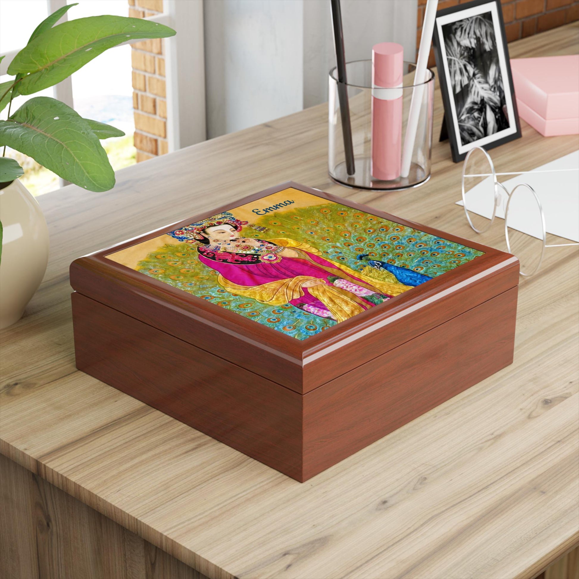 Chinese Empress with Peacock Watercolor Art Print, Wooden Jewelry Box | Personalized Option