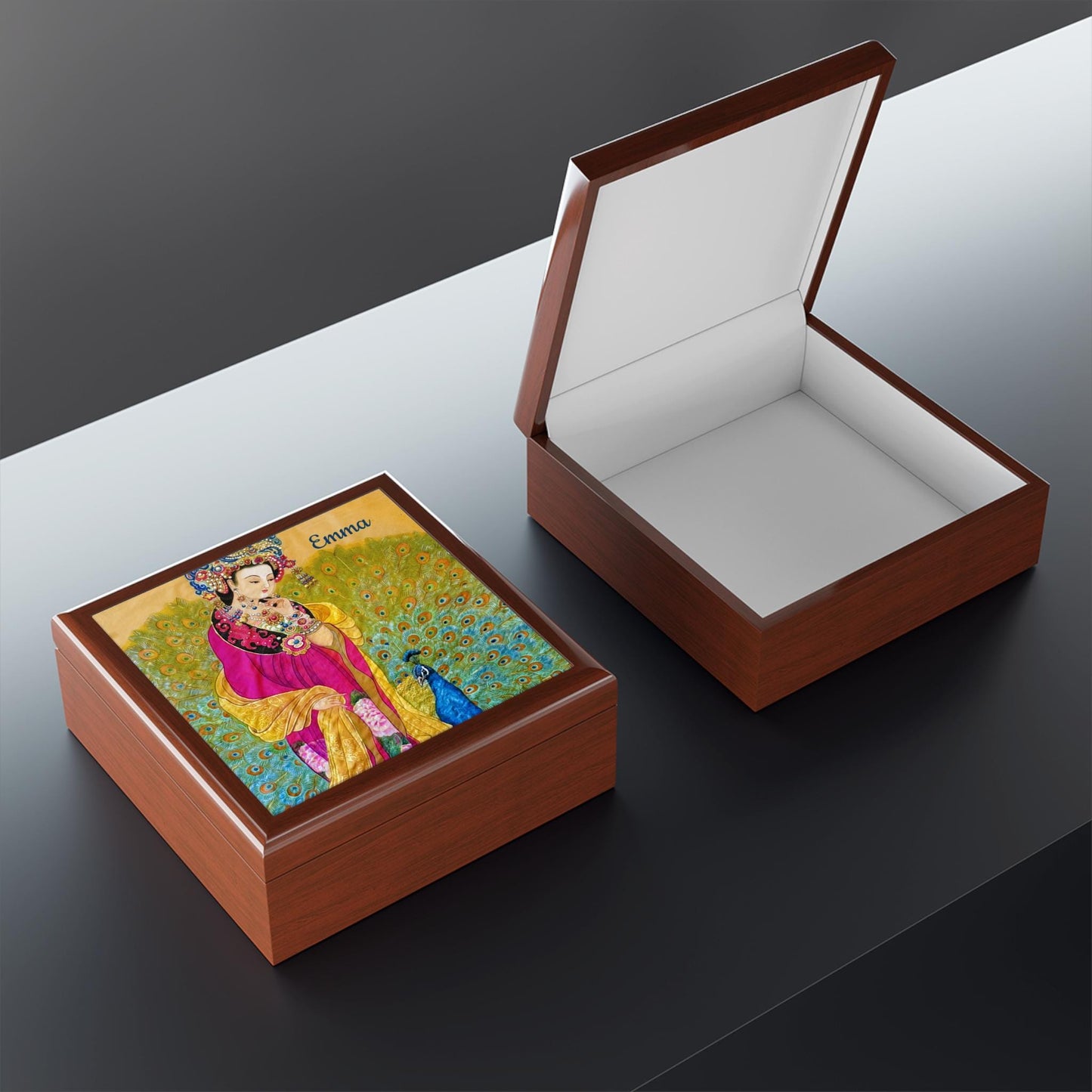Chinese Empress with Peacock Watercolor Art Print, Wooden Jewelry Box | Personalized Option