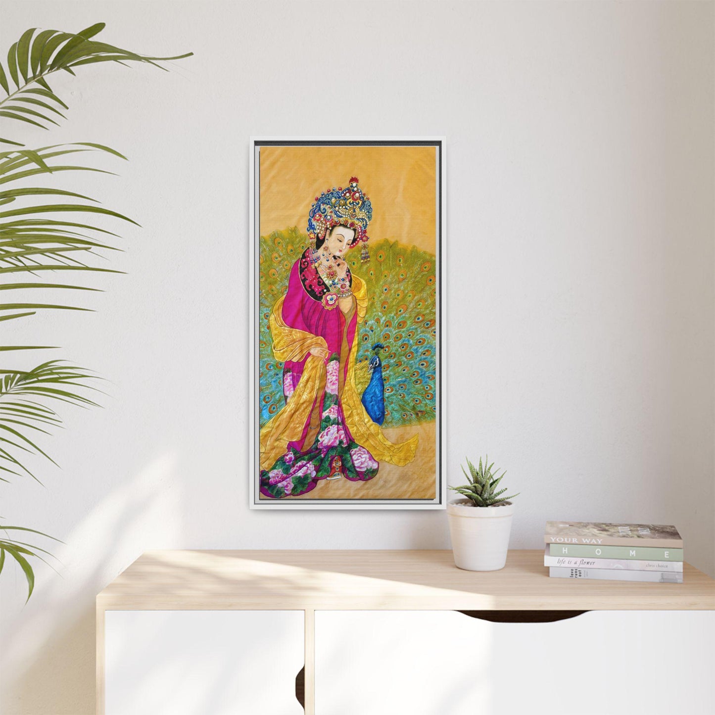 Chinese Empress & Colorful Peacock Matte Canvas Framed | Vibrant Asian-inspired Art